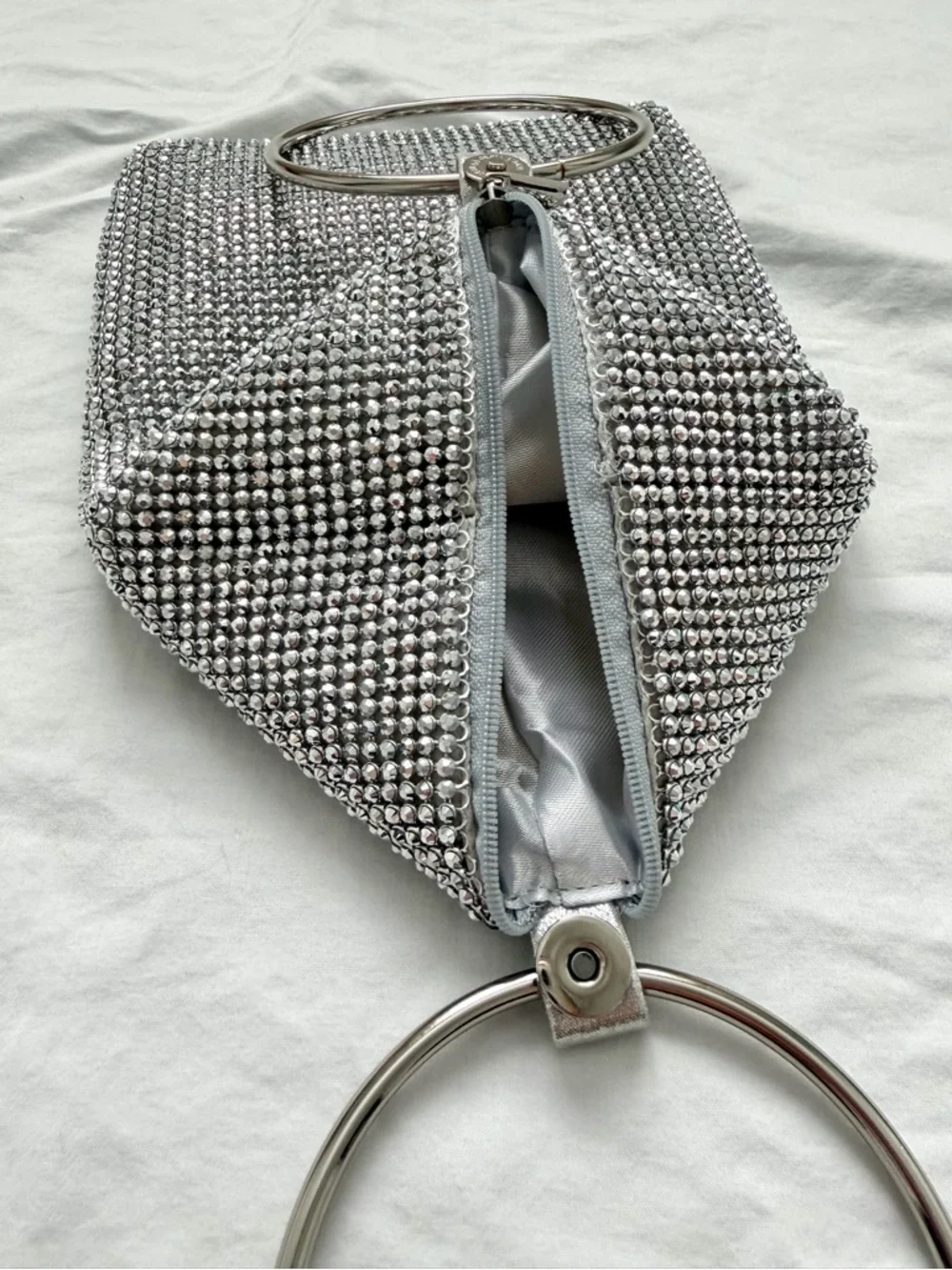 Silver Rhinestone Circle Handle Soft Handbag | Fits iPhone 17 Pro Max - Picture 7 of 12